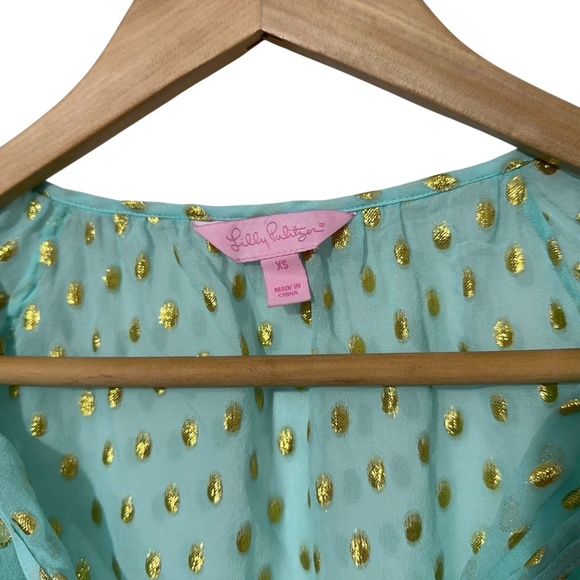 Lilly Pulitzer Womens Sheer Top Size XS Tie Neck Gold Polka Dot Elastic Wrist - Picture 3 of 4